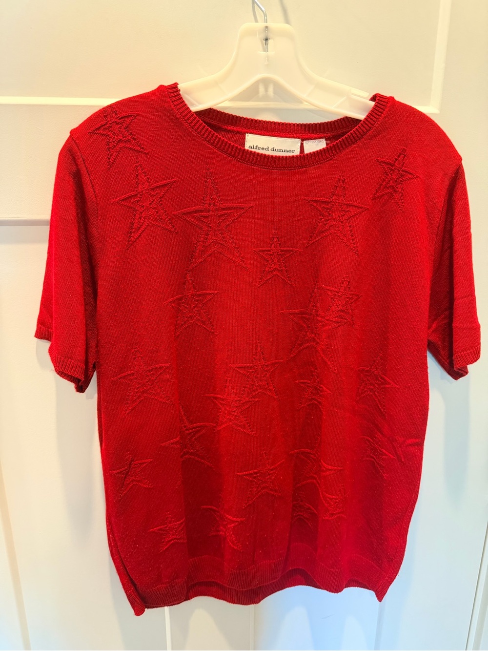 Alfred Dunner Red Tonal Star Short Sleeve Knit Sweater Medium USA
